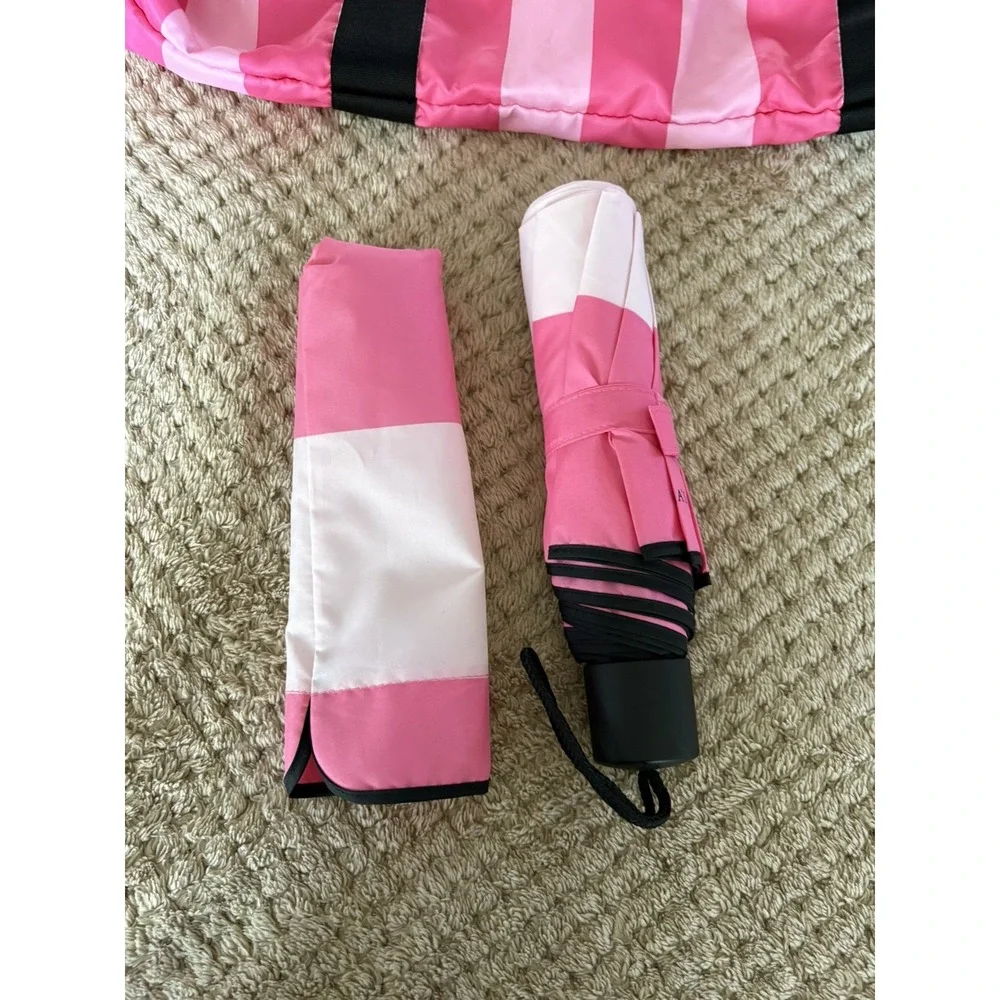 Victoria's Secret Black Pink Stripe Weekender, Make Up Bag And Umbrella Set Bags